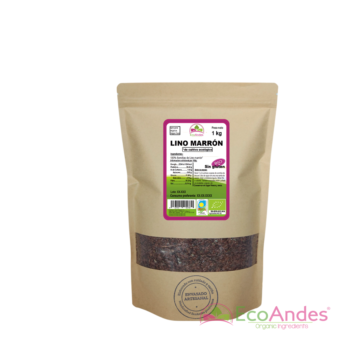 Bolsa de 1kg con contenido de semillas de lino marrón de la marca EcoAndes. El envase es de papel kraft con ventana transparente que muestra el contenido, etiqueta frontal con información nutricional, certificaciones ecológicas, sin gluten y sello de "envasado artesanal".