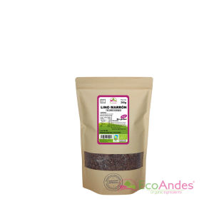Bolsa de 250g con contenido de semillas de lino marrón de la marca EcoAndes. El envase es de papel kraft con ventana transparente que muestra el contenido, etiqueta frontal con información nutricional, certificaciones ecológicas, sin gluten y sello de "envasado artesanal".