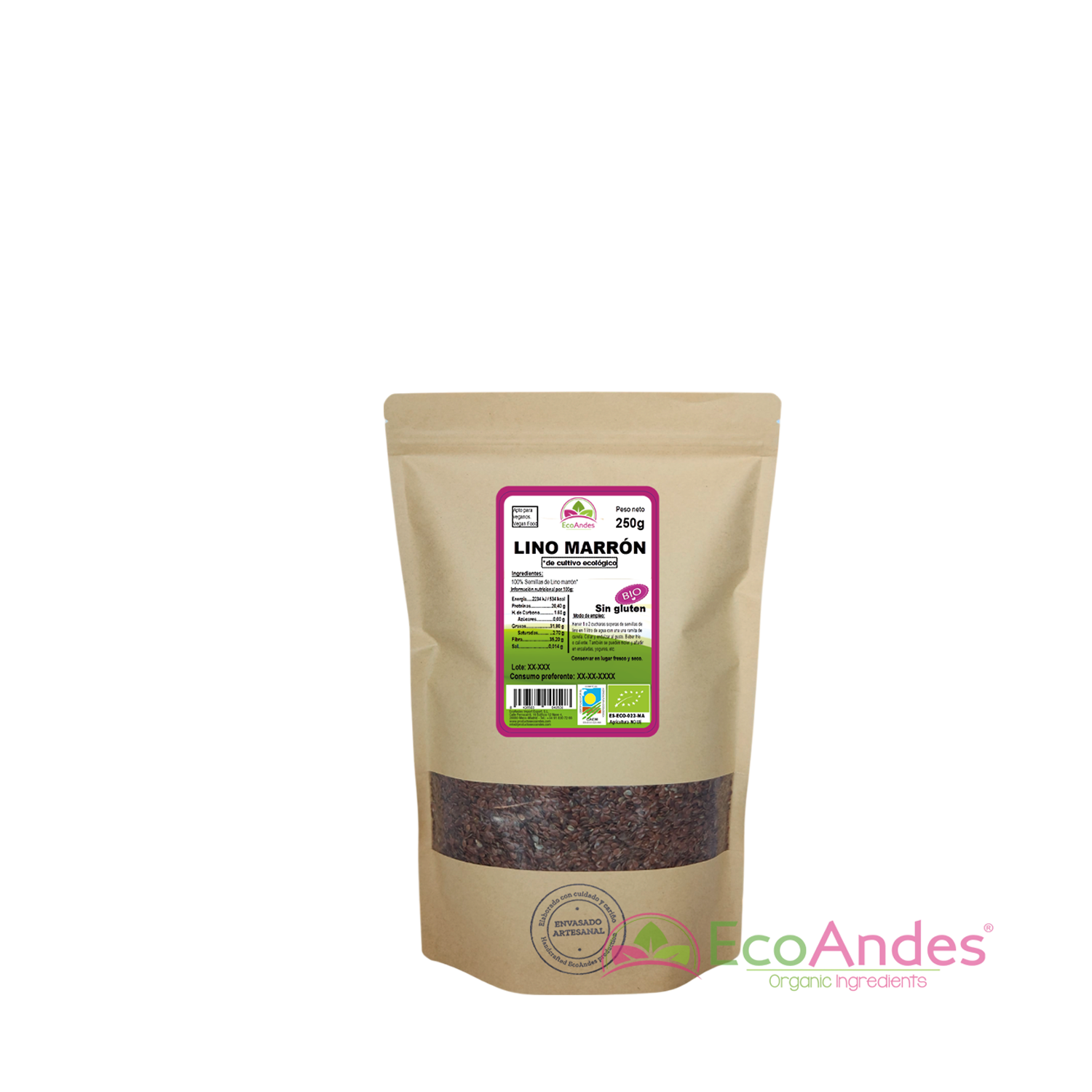 Bolsa de 250g con contenido de semillas de lino marrón de la marca EcoAndes. El envase es de papel kraft con ventana transparente que muestra el contenido, etiqueta frontal con información nutricional, certificaciones ecológicas, sin gluten y sello de "envasado artesanal".