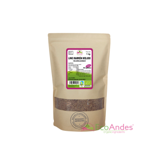 Bolsa de 1kg con contenido de semillas de lino marrón molido de la marca EcoAndes. El envase es de papel kraft con ventana transparente que muestra el contenido, etiqueta frontal con información nutricional, certificaciones ecológicas, sin gluten y sello de "envasado artesanal".