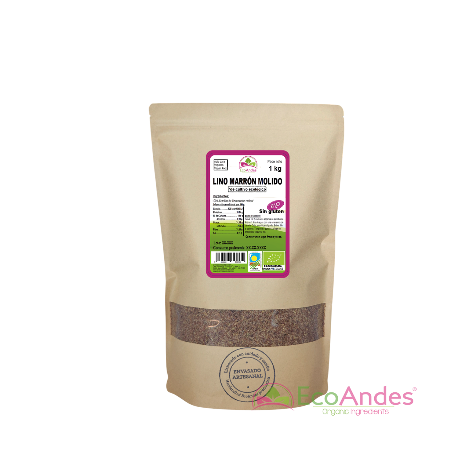 Bolsa de 1kg con contenido de semillas de lino marrón molido de la marca EcoAndes. El envase es de papel kraft con ventana transparente que muestra el contenido, etiqueta frontal con información nutricional, certificaciones ecológicas, sin gluten y sello de "envasado artesanal".