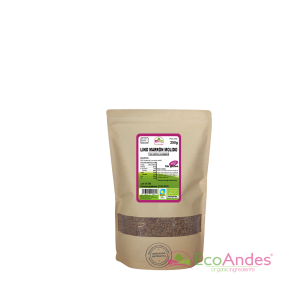 Bolsa de 250g con contenido de semillas de lino marrón molido de la marca EcoAndes. El envase es de papel kraft con ventana transparente que muestra el contenido, etiqueta frontal con información nutricional, certificaciones ecológicas, sin gluten y sello de "envasado artesanal".