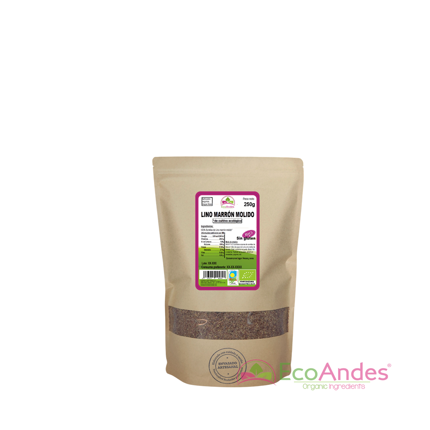 Bolsa de 250g con contenido de semillas de lino marrón molido de la marca EcoAndes. El envase es de papel kraft con ventana transparente que muestra el contenido, etiqueta frontal con información nutricional, certificaciones ecológicas, sin gluten y sello de "envasado artesanal".