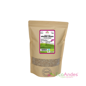 Bolsa de 1kg con contenido de semillas de sésamo crudo molido de la marca EcoAndes. El envase es de papel kraft con ventana transparente que muestra el contenido, etiqueta frontal con información nutricional, certificaciones ecológicas, sin gluten y sello de "envasado artesanal".