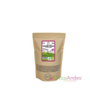 Bolsa de 250g con contenido de semillas de sésamo crudo molido de la marca EcoAndes. El envase es de papel kraft con ventana transparente que muestra el contenido, etiqueta frontal con información nutricional, certificaciones ecológicas, sin gluten y sello de "envasado artesanal".