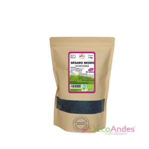 Bolsa de 1kg con contenido de semillas de sésamo negro de la marca EcoAndes. El envase es de papel kraft con ventana transparente que muestra el contenido, etiqueta frontal con información nutricional, certificaciones ecológicas, sin gluten y sello de "envasado artesanal".