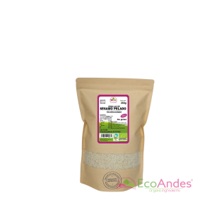 Bolsa de 250g con contenido de semillas de sésamo pelado blanco de la marca EcoAndes. El envase es de papel kraft con ventana transparente que muestra el contenido, etiqueta frontal con información nutricional, certificaciones ecológicas, sin gluten y sello de "envasado artesanal".