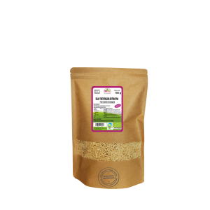 Bolsa de 150g de Soja texturizada extra-fina de la marca EcoAndes. El envase es de papel kraft con ventana transparente que muestra el contenido, etiqueta frontal con información nutricional, certificaciones ecológicas, sin gluten y sello de "envasado artesanal".