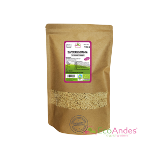 Bolsa de 150g de Soja texturizada extra fina de la marca EcoAndes. El envase es de papel kraft con ventana transparente que muestra el contenido, etiqueta frontal con información nutricional, certificaciones ecológicas, sin gluten y sello de "envasado artesanal".