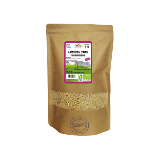 Bolsa de 1kg de Soja texturizada extra-fina de la marca EcoAndes. El envase es de papel kraft con ventana transparente que muestra el contenido, etiqueta frontal con información nutricional, certificaciones ecológicas, sin gluten y sello de "envasado artesanal".