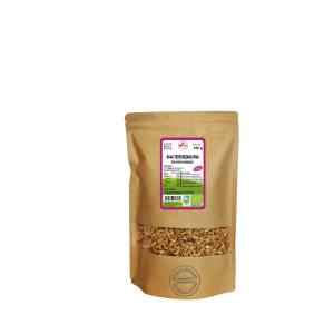 Bolsa de 150g de Soja texturizada fina de la marca EcoAndes. El envase es de papel kraft con ventana transparente que muestra el contenido, etiqueta frontal con información nutricional, certificaciones ecológicas, sin gluten y sello de "envasado artesanal".