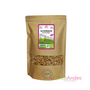 Bolsa de 150g de Soja texturizada fina de la marca EcoAndes. El envase es de papel kraft con ventana transparente que muestra el contenido, etiqueta frontal con información nutricional, certificaciones ecológicas, sin gluten y sello de "envasado artesanal".