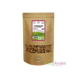 Bolsa de 150g de Soja texturizada gruesa de la marca EcoAndes. El envase es de papel kraft con ventana transparente que muestra el contenido, etiqueta frontal con información nutricional, certificaciones ecológicas, sin gluten y sello de "envasado artesanal".
