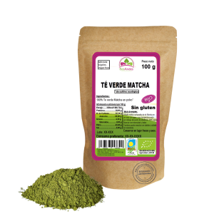 Bolsa de 100g de Te verde Matcha de la marca EcoAndes. El envase es de papel kraft con ventana transparente que muestra el contenido, etiqueta frontal con información nutricional, certificaciones ecológicas, sin gluten y sello de "envasado artesanal".