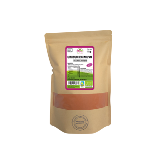 Bolsa de 1kg de Urucum en polvo (Achiote) de la marca EcoAndes. El envase es de papel kraft con ventana transparente que muestra el contenido, etiqueta frontal con información nutricional, certificaciones ecológicas, sin gluten y sello de "envasado artesanal".