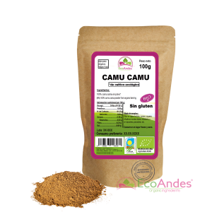 Bolsa de 100g de Camu camu en polvo de la marca EcoAndes. El envase es de papel kraft con ventana transparente que muestra el contenido, etiqueta frontal con información nutricional, certificaciones ecológicas, sin gluten y sello de "envasado artesanal".
