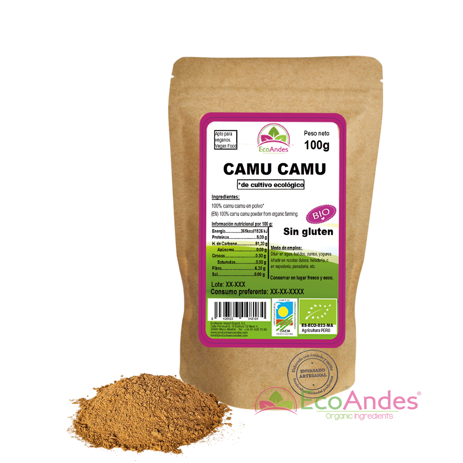 Bolsa de 100g de Camu camu en polvo de la marca EcoAndes. El envase es de papel kraft con ventana transparente que muestra el contenido, etiqueta frontal con información nutricional, certificaciones ecológicas, sin gluten y sello de "envasado artesanal".
