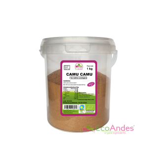 Cubo cilíndrico de 1kg de Camu camu en polvo de la marca EcoAndes. El envase es de papel kraft con ventana transparente que muestra el contenido, etiqueta frontal con información nutricional, certificaciones ecológicas, sin gluten y sello de "envasado artesanal".