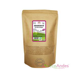 Bolsa de 1 kg de amaranto orgánico de la marca EcoAndes. El envase es de papel kraft con ventana transparente que muestra el contenido, etiqueta frontal con información nutricional, certificaciones ecológicas, sin gluten y sello de "envasado artesanal".