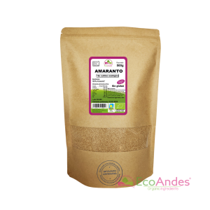 Bolsa de 500 g de amaranto orgánico de la marca EcoAndes. El envase es de papel kraft con ventana transparente que muestra el contenido, etiqueta frontal con información nutricional, certificaciones ecológicas, sin gluten y sello de "envasado artesanal".