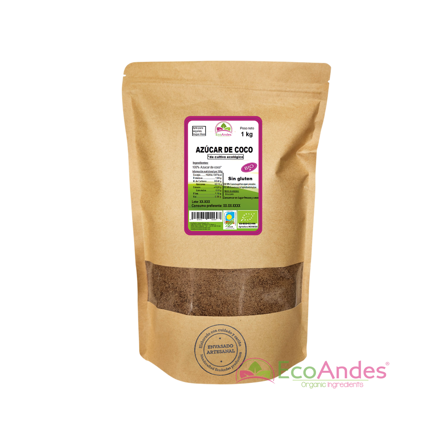 Bolsa de 1kg Azúcar de coco de la marca EcoAndes. El envase es de papel kraft con ventana transparente que muestra el contenido, etiqueta frontal con información nutricional, certificaciones ecológicas, sin gluten y sello de "envasado artesanal".