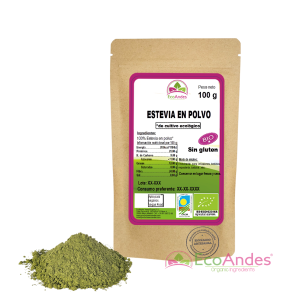 Bolsa de 100g de Estevia en polvo de la marca EcoAndes. El envase es de papel kraft con ventana transparente que muestra el contenido, etiqueta frontal con información nutricional, certificaciones ecológicas, sin gluten y sello de "envasado artesanal".
