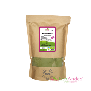 Bolsa de 1kg de Estevia en polvo de la marca EcoAndes. El envase es de papel kraft con ventana transparente que muestra el contenido, etiqueta frontal con información nutricional, certificaciones ecológicas, sin gluten y sello de "envasado artesanal".