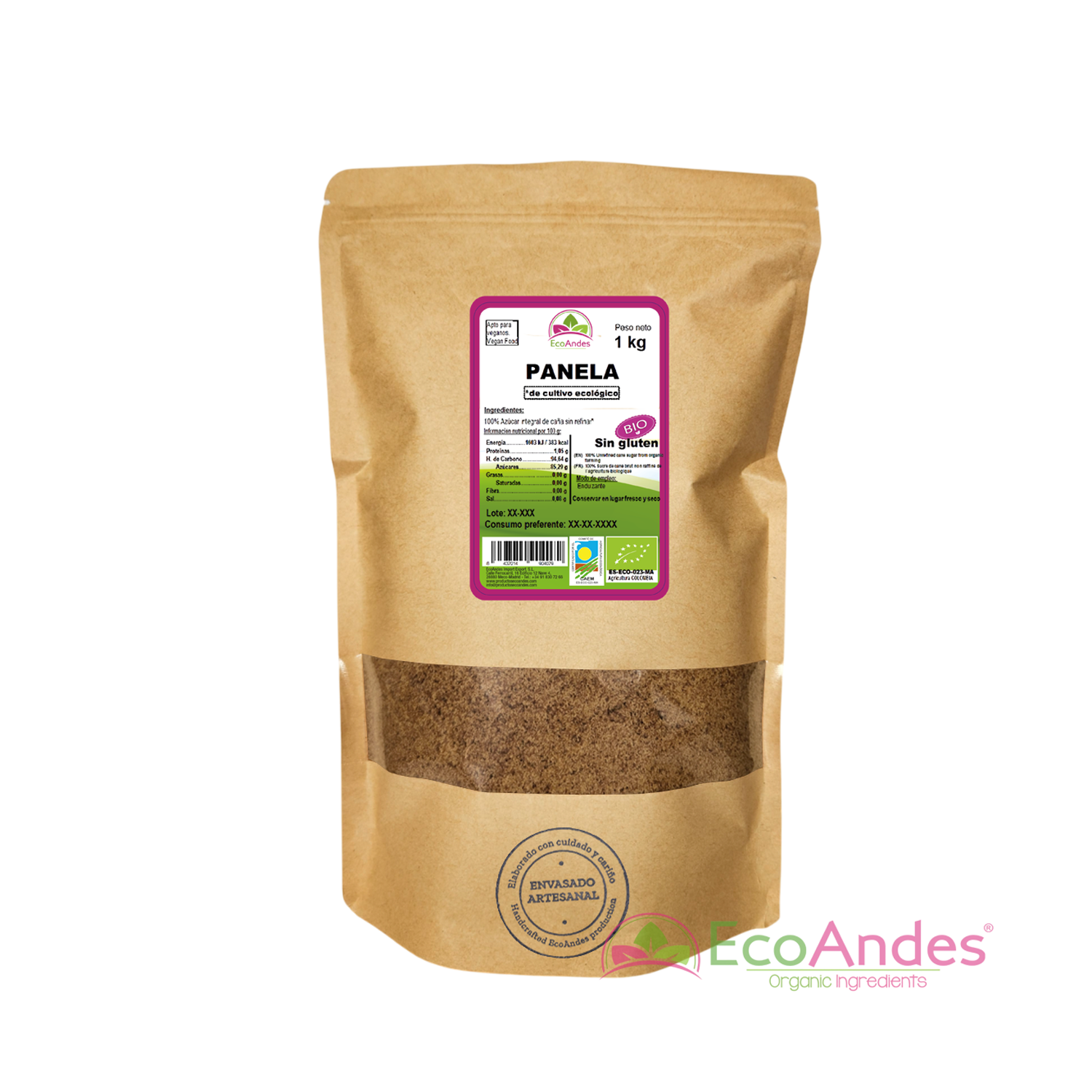 Bolsa de 1kg Panela rallada - Azúcar integral de caña de la marca EcoAndes. El envase es de papel kraft con ventana transparente que muestra el contenido, etiqueta frontal con información nutricional, certificaciones ecológicas, sin gluten y sello de "envasado artesanal".