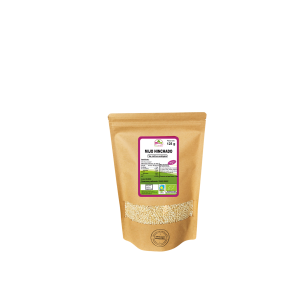 Bolsa de 125g de Mijo hinchado de la marca EcoAndes. El envase es de papel kraft con ventana transparente que muestra el contenido, etiqueta frontal con información nutricional, certificaciones ecológicas, sin gluten y sello de "envasado artesanal".