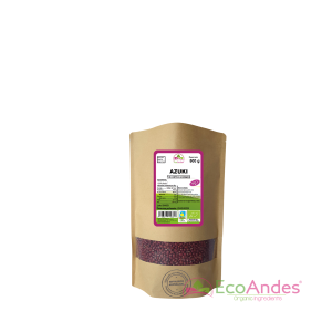 Bolsa de 500g con contenido de Azuki de la marca EcoAndes. El envase es de papel kraft con ventana transparente que muestra el contenido, etiqueta frontal con información nutricional, certificaciones ecológicas, sin gluten y sello de "envasado artesanal".
