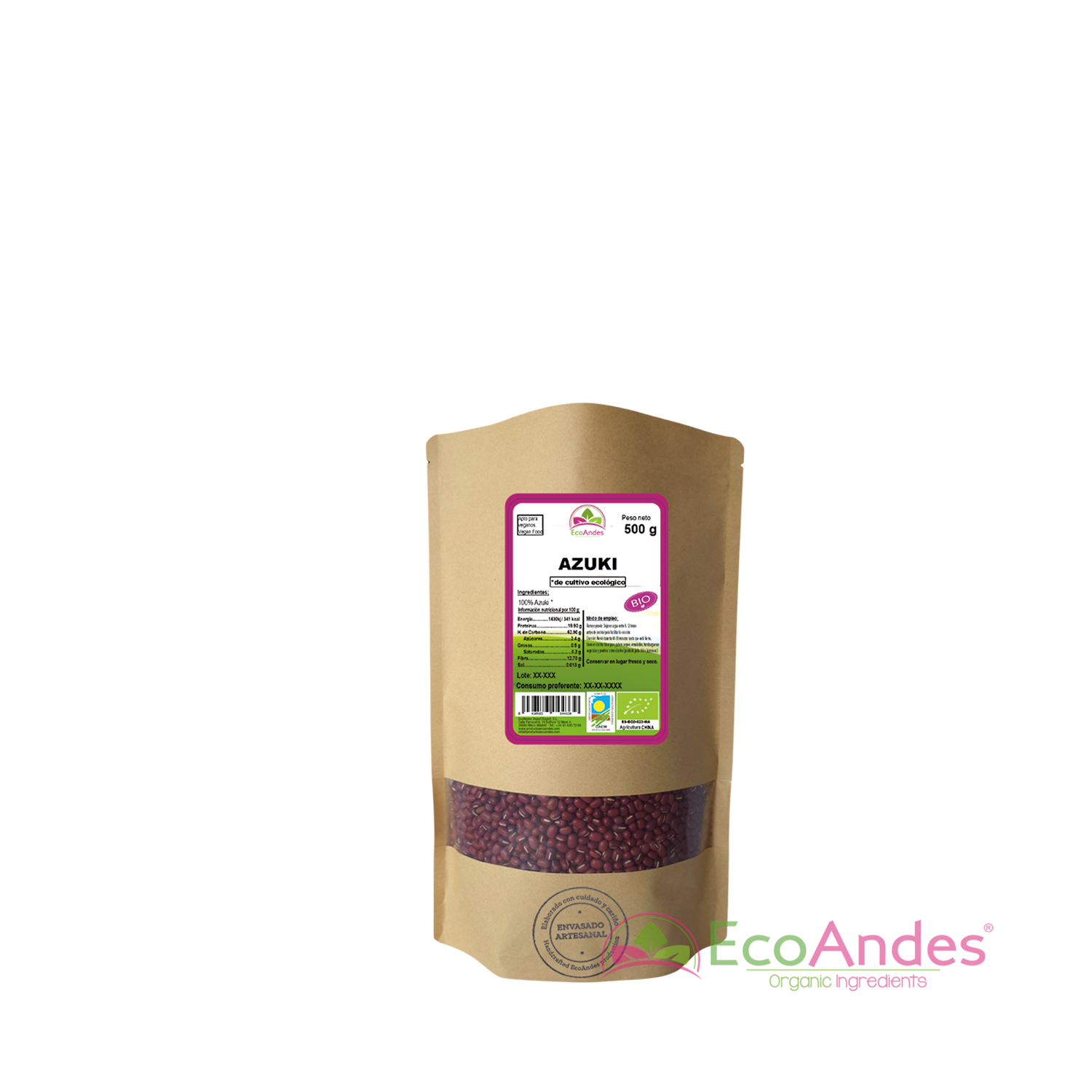 Bolsa de 500g con contenido de Azuki de la marca EcoAndes. El envase es de papel kraft con ventana transparente que muestra el contenido, etiqueta frontal con información nutricional, certificaciones ecológicas, sin gluten y sello de "envasado artesanal".