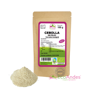Bolsa de 100g de cebolla en polvo de la marca EcoAndes. El envase es de papel kraft con ventana transparente que muestra el contenido, etiqueta frontal con información nutricional, certificaciones ecológicas, sin gluten y sello de "envasado artesanal".