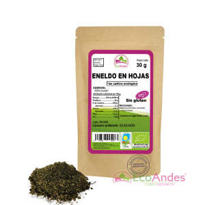 Bolsa de 30g de Eneldo en hoja de la marca EcoAndes. El envase es de papel kraft con ventana transparente que muestra el contenido, etiqueta frontal con información nutricional, certificaciones ecológicas, sin gluten y sello de "envasado artesanal".