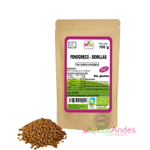 Bolsa de 100g de Fenogreco en semillas de la marca EcoAndes. El envase es de papel kraft con ventana transparente que muestra el contenido, etiqueta frontal con información nutricional, certificaciones ecológicas, sin gluten y sello de "envasado artesanal".