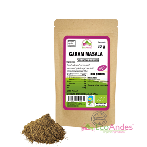 Bolsa de 80g de Garam masala de la marca EcoAndes. El envase es de papel kraft con ventana transparente que muestra el contenido, etiqueta frontal con información nutricional, certificaciones ecológicas, sin gluten y sello de "envasado artesanal".