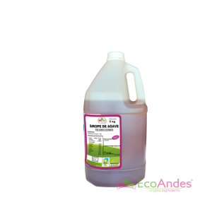Envase de 5kg de Sirope de agave de la marca EcoAndes. El envase es de papel kraft con ventana transparente que muestra el contenido, etiqueta frontal con información nutricional, certificaciones ecológicas, sin gluten y sello de "envasado artesanal".