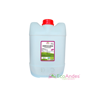 Bidón de 25kg de Sirope de Arroz de la marca EcoAndes. El envase es de papel kraft con ventana transparente que muestra el contenido, etiqueta frontal con información nutricional, certificaciones ecológicas, sin gluten y sello de "envasado artesanal".