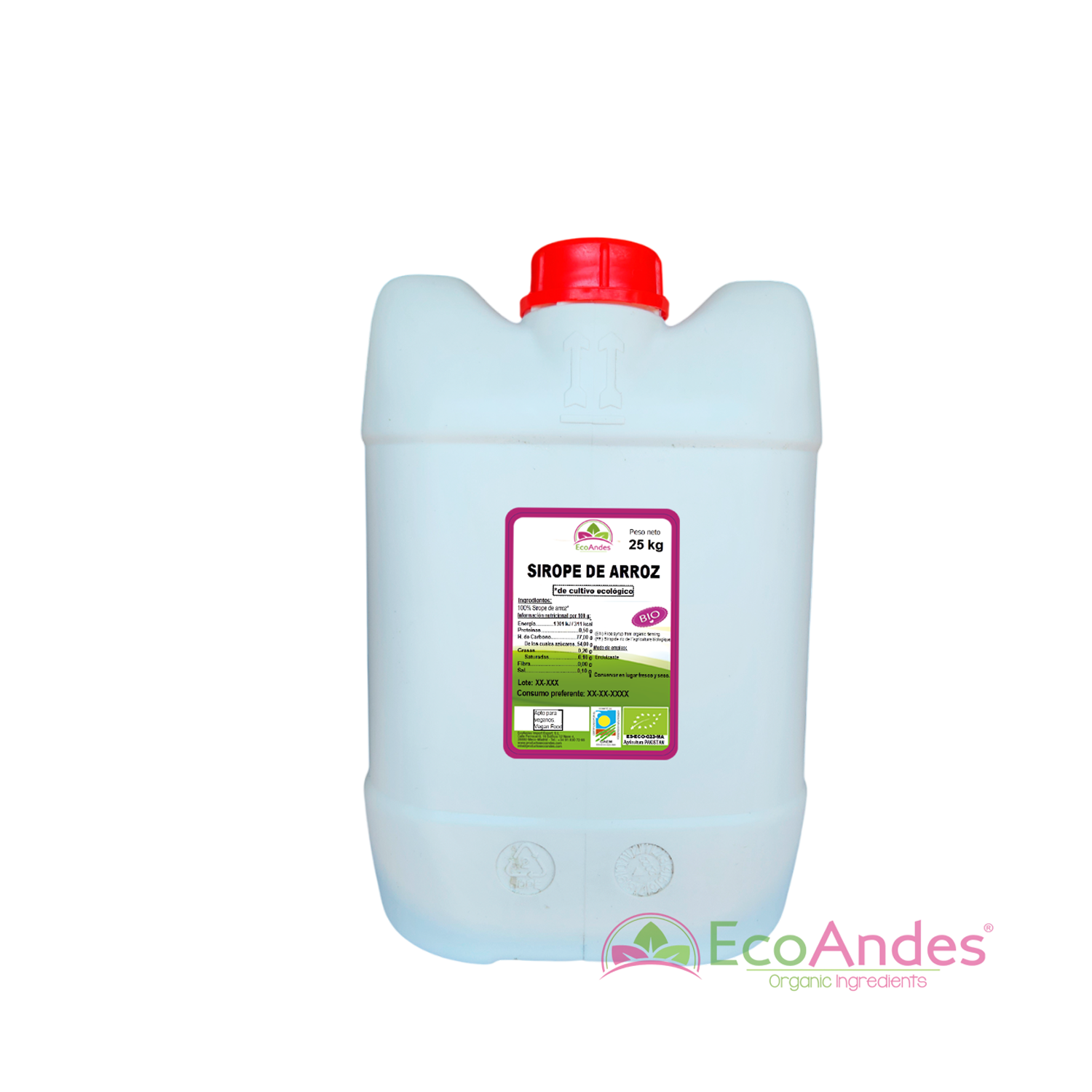 Bidón de 25kg de Sirope de Arroz de la marca EcoAndes. El envase es de papel kraft con ventana transparente que muestra el contenido, etiqueta frontal con información nutricional, certificaciones ecológicas, sin gluten y sello de "envasado artesanal".