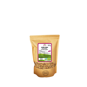 Bolsa de 100g de Avellana tostada y troceada de la marca EcoAndes. El envase es de papel kraft con ventana transparente que muestra el contenido, etiqueta frontal con información nutricional, certificaciones ecológicas, sin gluten y sello de "envasado artesanal".