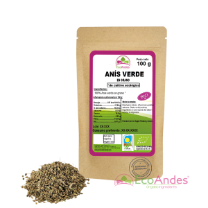 Bolsa de 100g con contenido de Anís verde en grano de la marca EcoAndes. El envase es de papel kraft con ventana transparente que muestra el contenido, etiqueta frontal con información nutricional, certificaciones ecológicas, sin gluten y sello de "envasado artesanal".