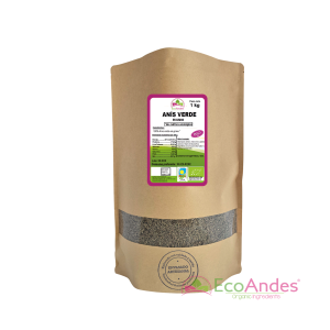 Bolsa de 1kg con contenido de Anís verde en grano de la marca EcoAndes. El envase es de papel kraft con ventana transparente que muestra el contenido, etiqueta frontal con información nutricional, certificaciones ecológicas, sin gluten y sello de "envasado artesanal".